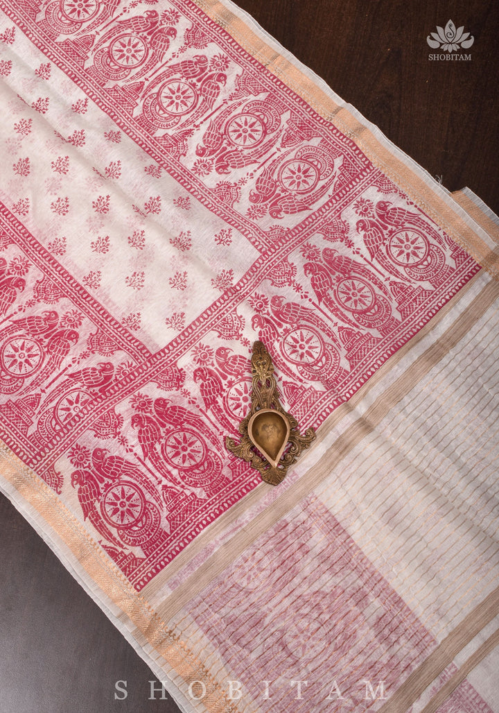 Silk Linen Saree in White with Twin Parrot Design Sanganeri Hand Block Printing | SHOBITAM