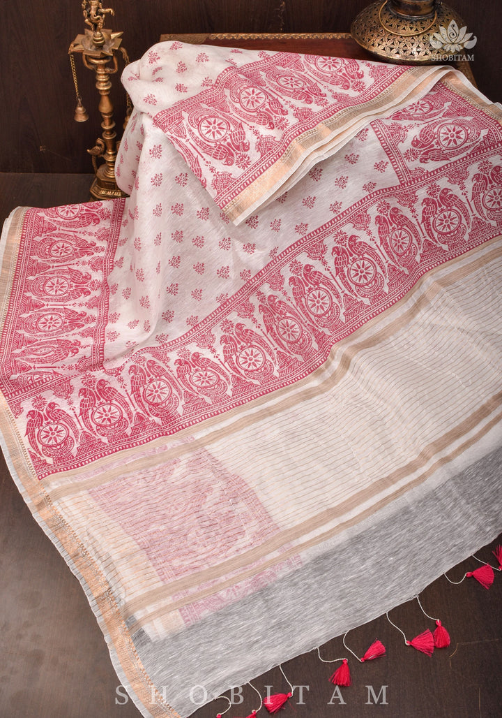 Silk Linen Saree in White with Twin Parrot Design Sanganeri Hand Block Printing | SHOBITAM