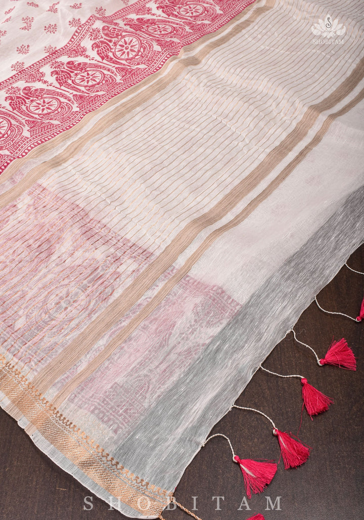 Silk Linen Saree in White with Twin Parrot Design Sanganeri Hand Block Printing | SHOBITAM