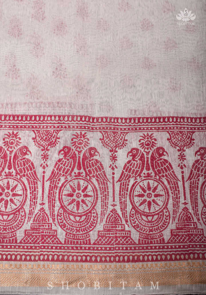 Silk Linen Saree in White with Twin Parrot Design Sanganeri Hand Block Printing | SHOBITAM