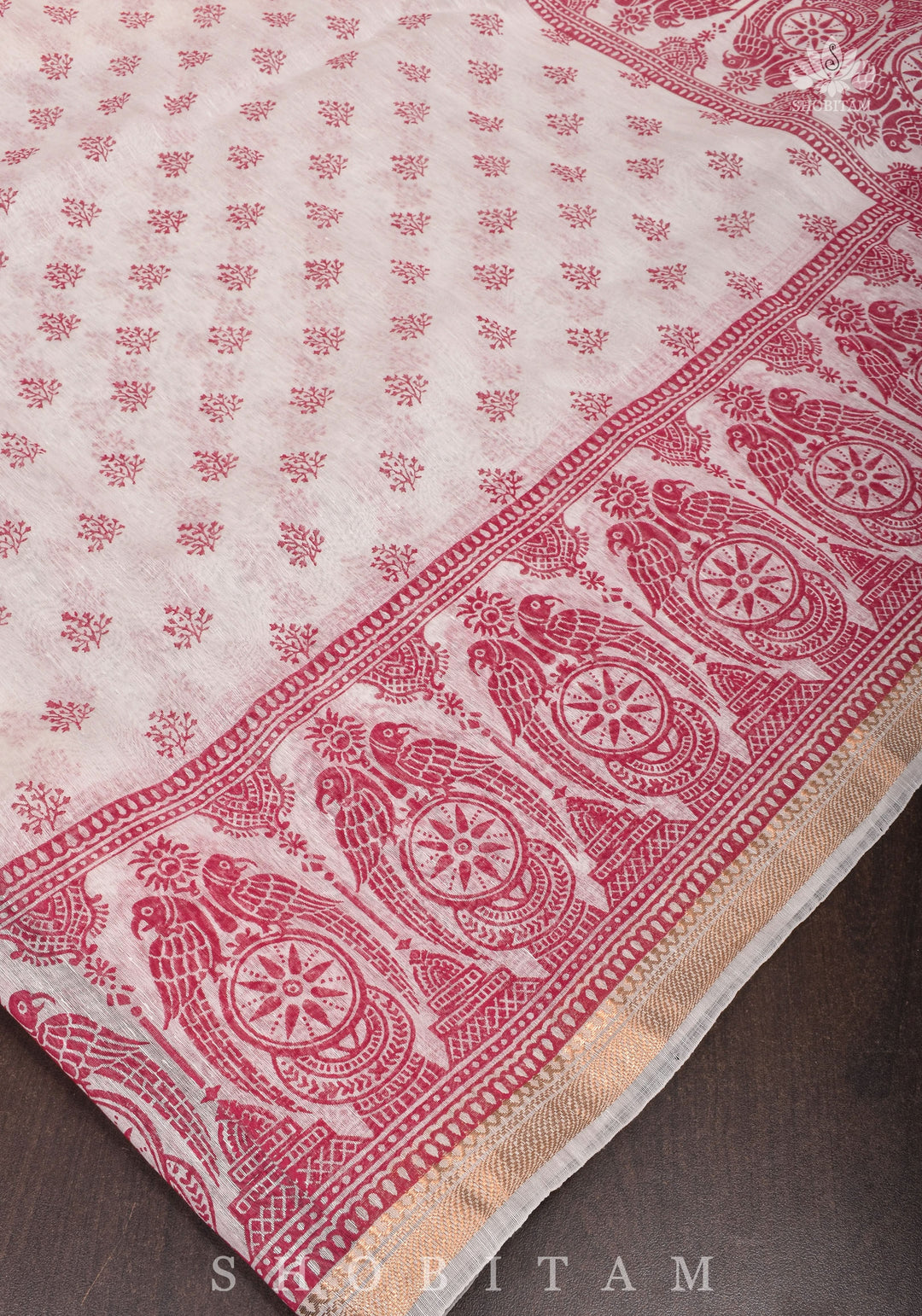Silk Linen Saree in White with Twin Parrot Design Sanganeri Hand Block Printing | SHOBITAM
