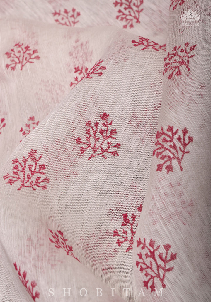Silk Linen Saree in White with Twin Parrot Design Sanganeri Hand Block Printing | SHOBITAM