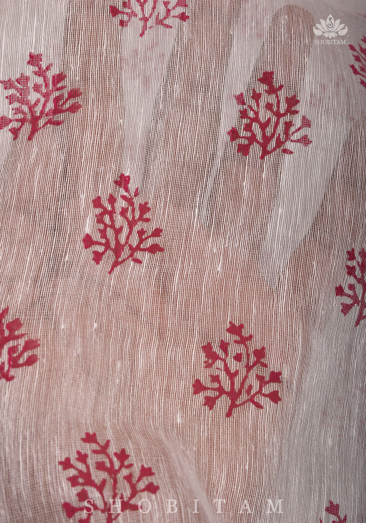 Silk Linen Saree in White with Twin Parrot Design Sanganeri Hand Block Printing | SHOBITAM