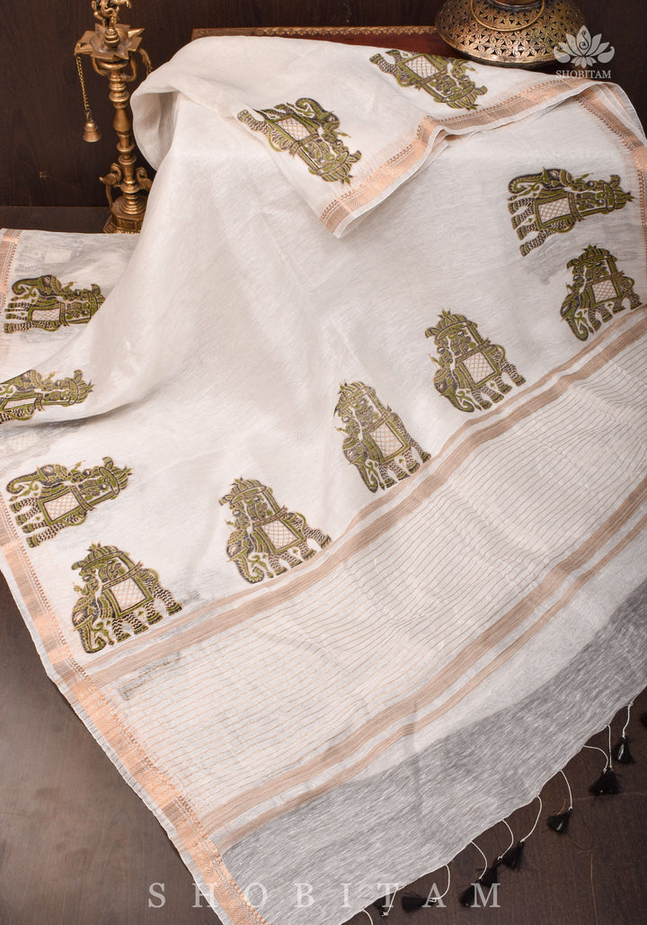 2 week Preorder : Royal Elephant Sanganeri Hand Block printing on Pure Silk Linen in White
