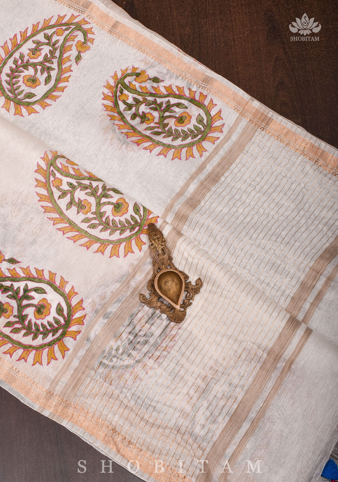 2 Week Preorder : Silk Linen Saree In White with Sanganeri Hand Block Printed Paisley Motifs!