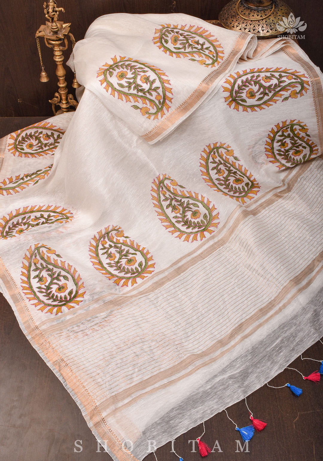 2 Week Preorder : Silk Linen Saree In White with Sanganeri Hand Block Printed Paisley Motifs!