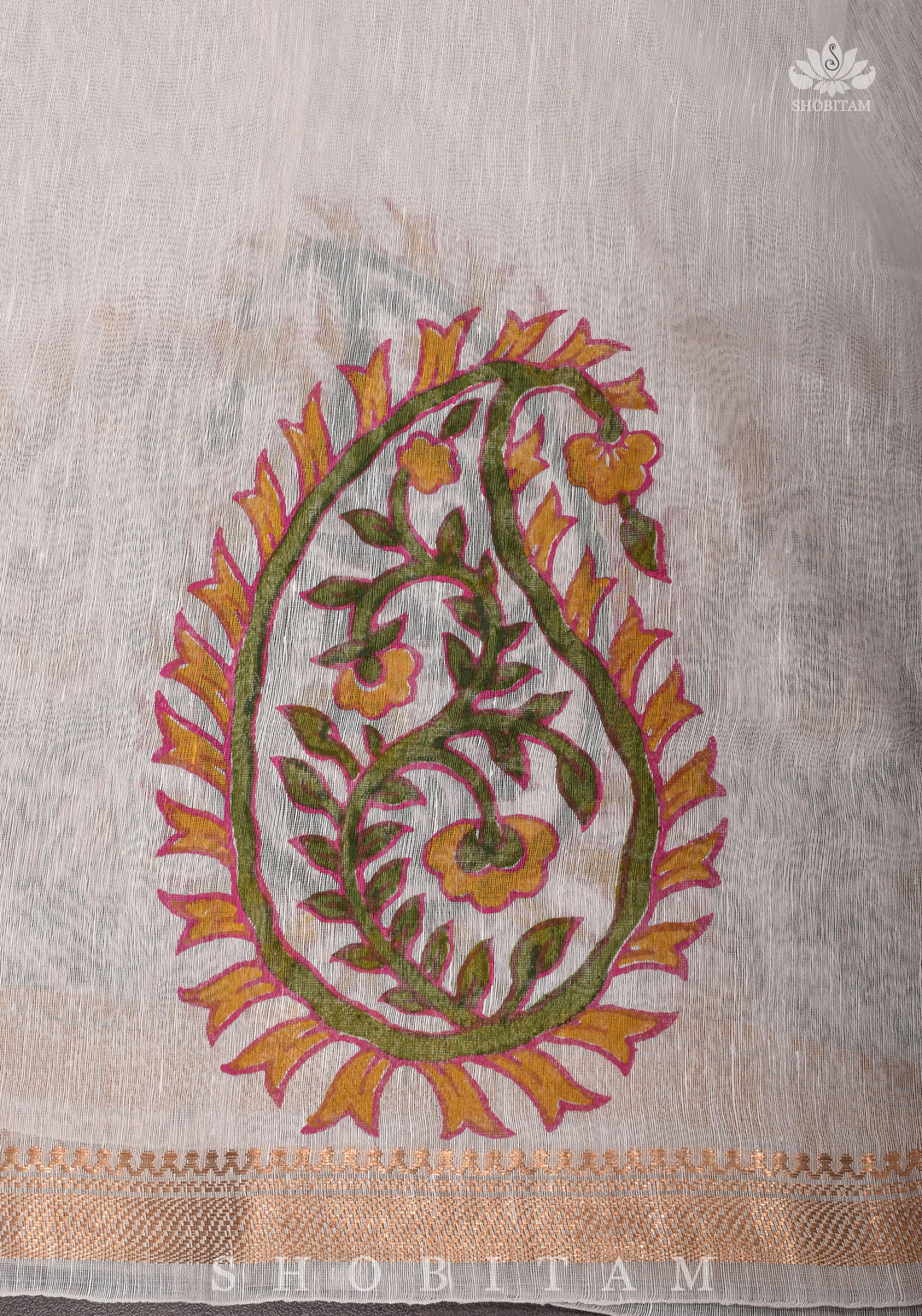 2 Week Preorder : Silk Linen Saree In White with Sanganeri Hand Block Printed Paisley Motifs!