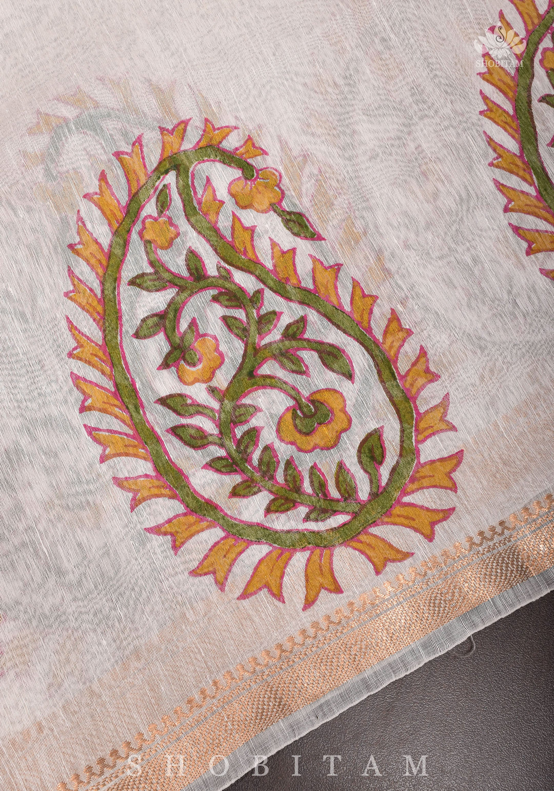 2 Week Preorder : Silk Linen Saree In White with Sanganeri Hand Block Printed Paisley Motifs!