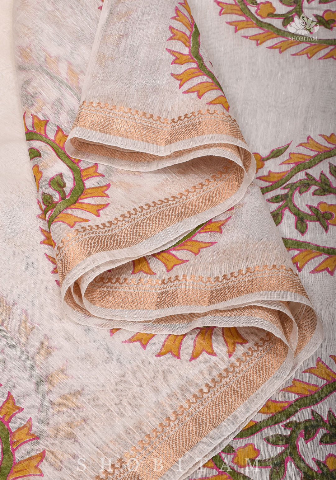 2 Week Preorder : Silk Linen Saree In White with Sanganeri Hand Block Printed Paisley Motifs!