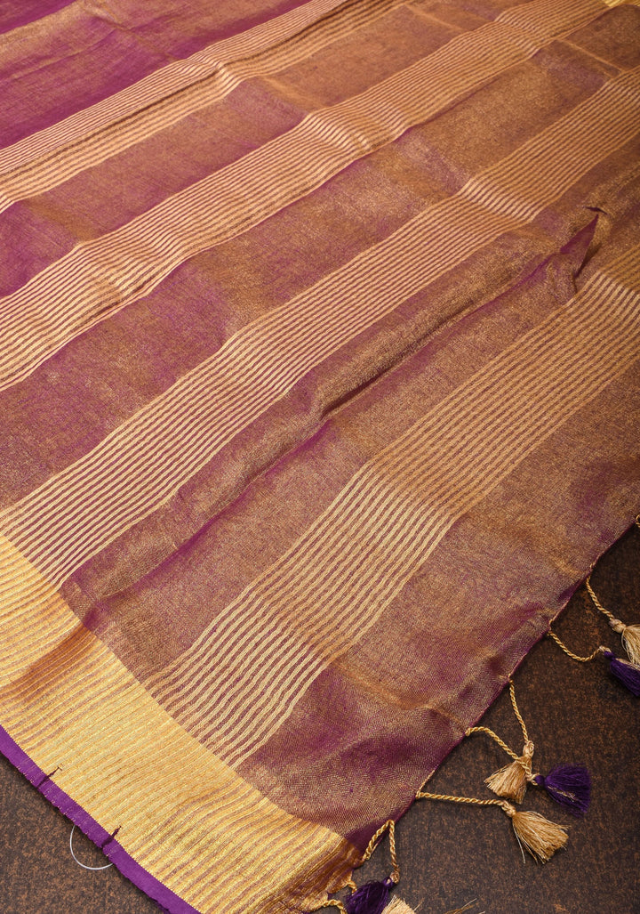 Purple and Gold Tissue by Linen Saree with Zari Border