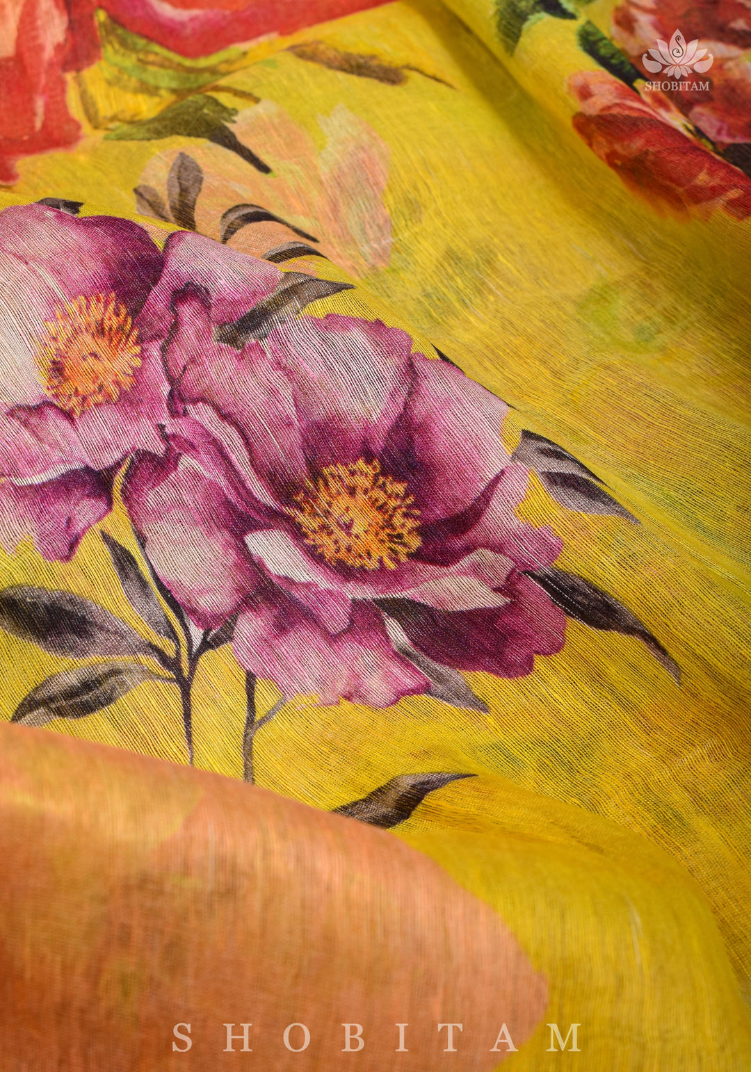 Yellow Floral Digital Print Silk Linen Saree