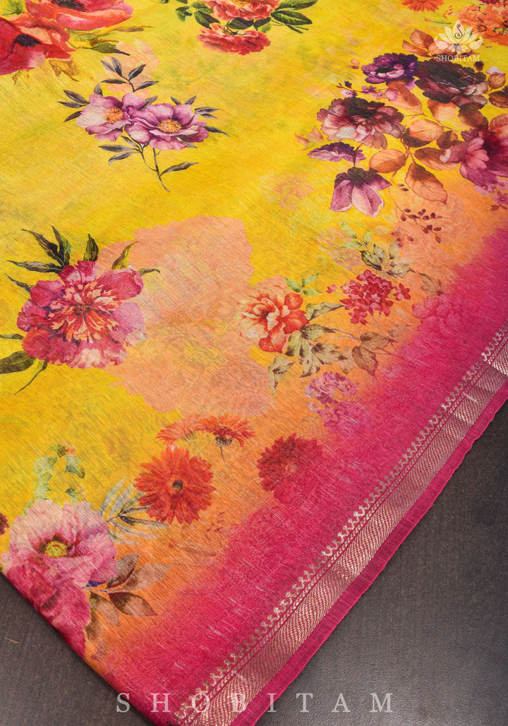 Yellow Floral Digital Print Silk Linen Saree