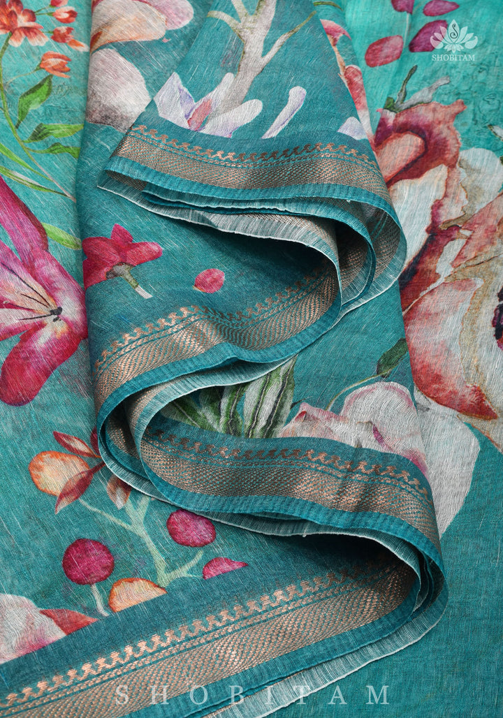 Green Floral Digital Print Silk Linen Saree
