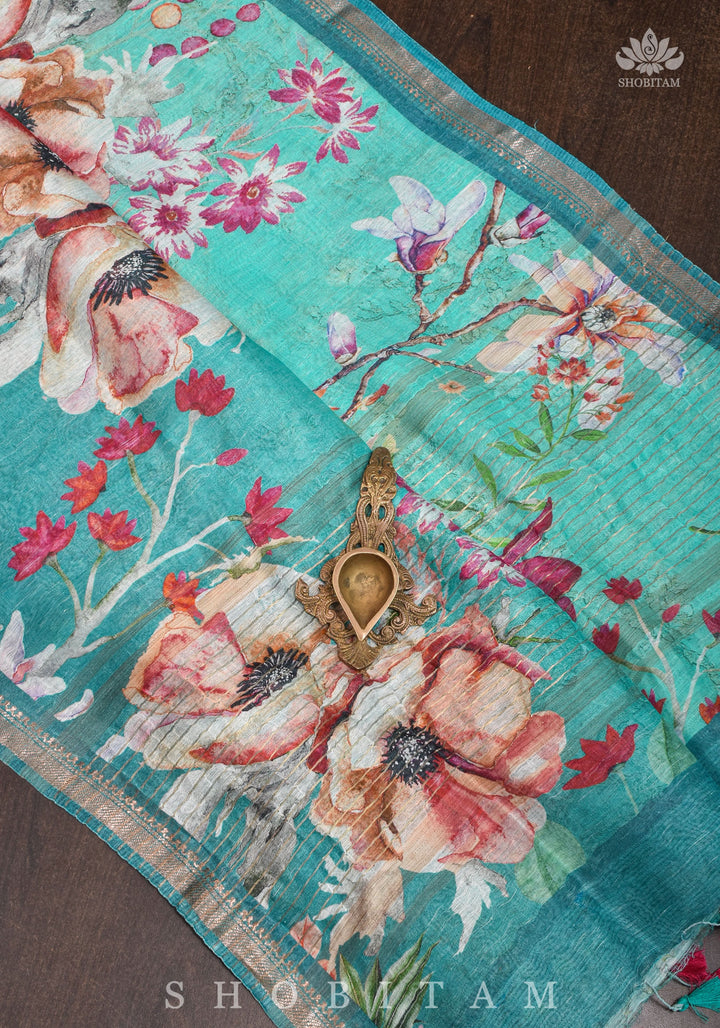 Green Floral Digital Print Silk Linen Saree