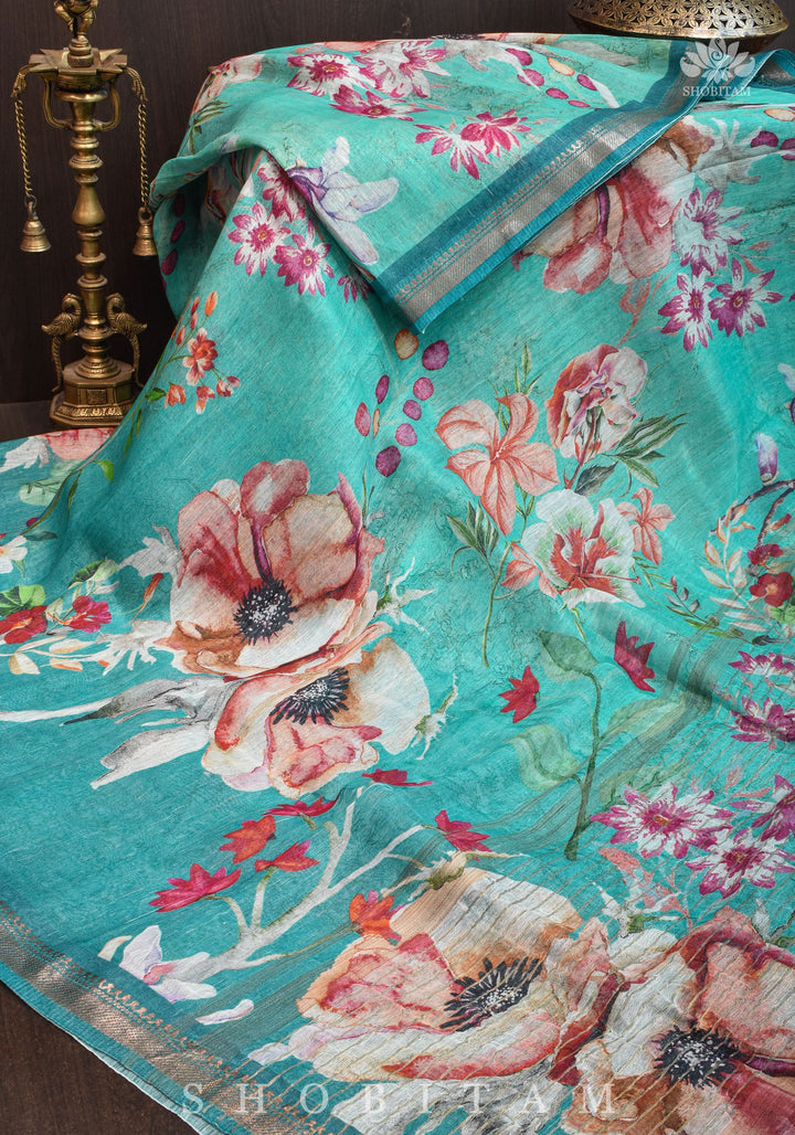 Green Floral Digital Print Silk Linen Saree