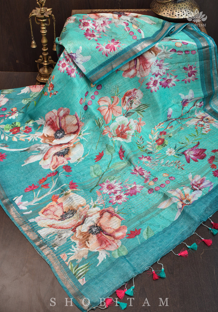 Green Floral Digital Print Silk Linen Saree