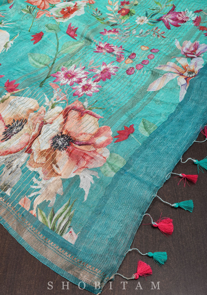 Green Floral Digital Print Silk Linen Saree