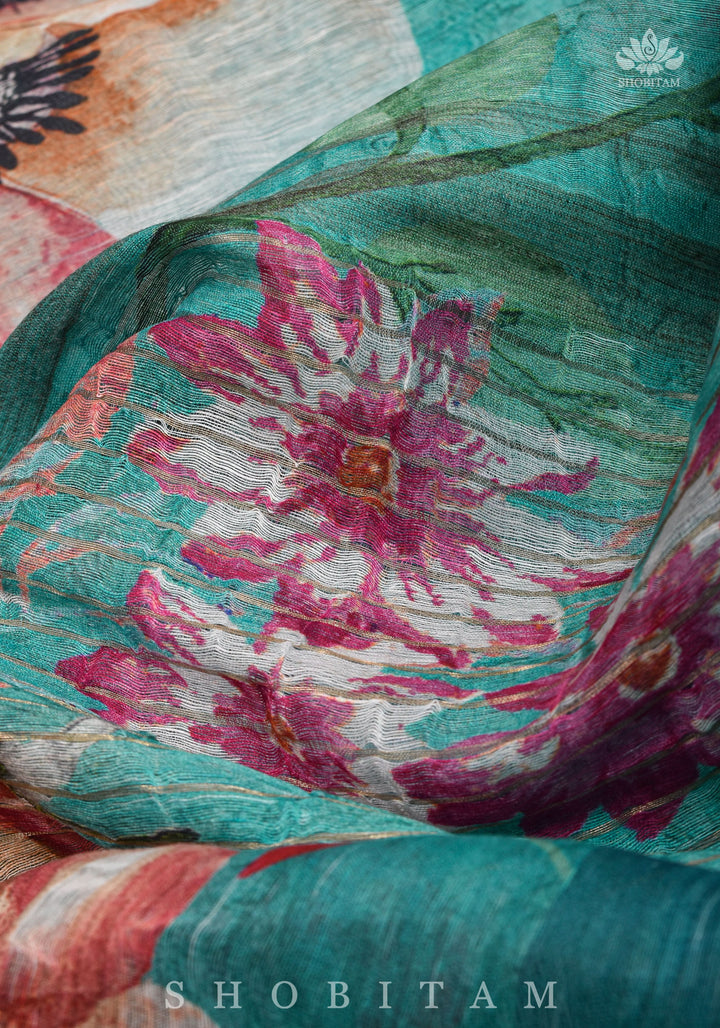 Green Floral Digital Print Silk Linen Saree