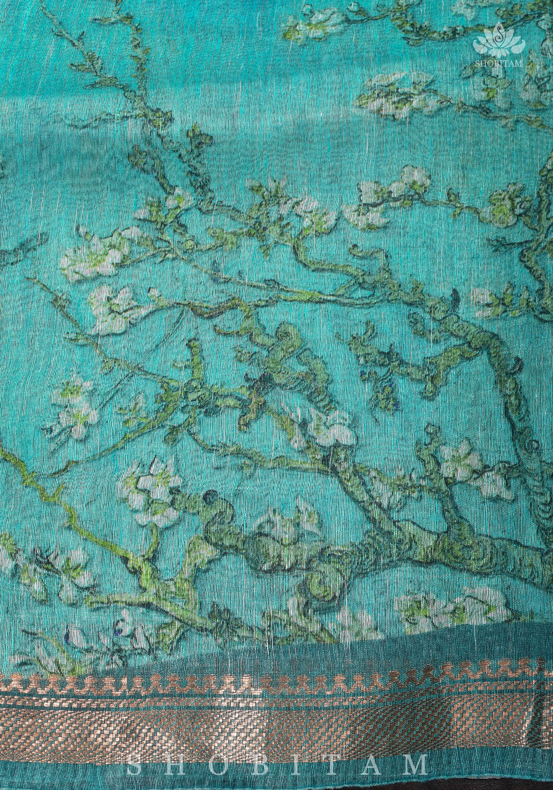 Green Floral Digital Print Silk Linen Saree