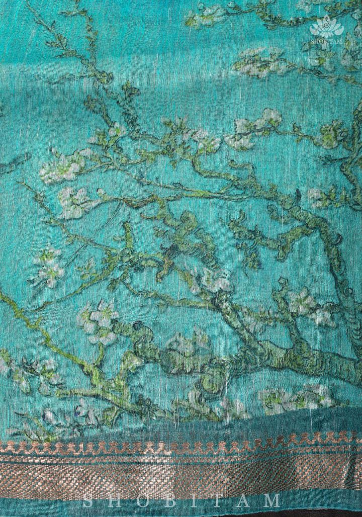 Green Floral Digital Print Silk Linen Saree