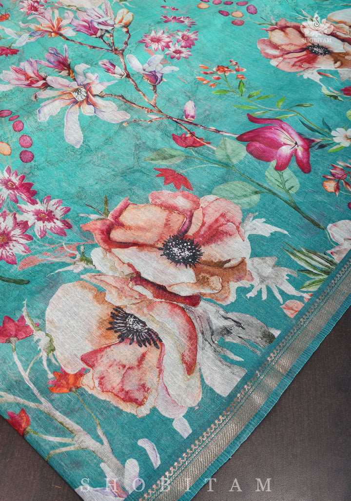 Green Floral Digital Print Silk Linen Saree