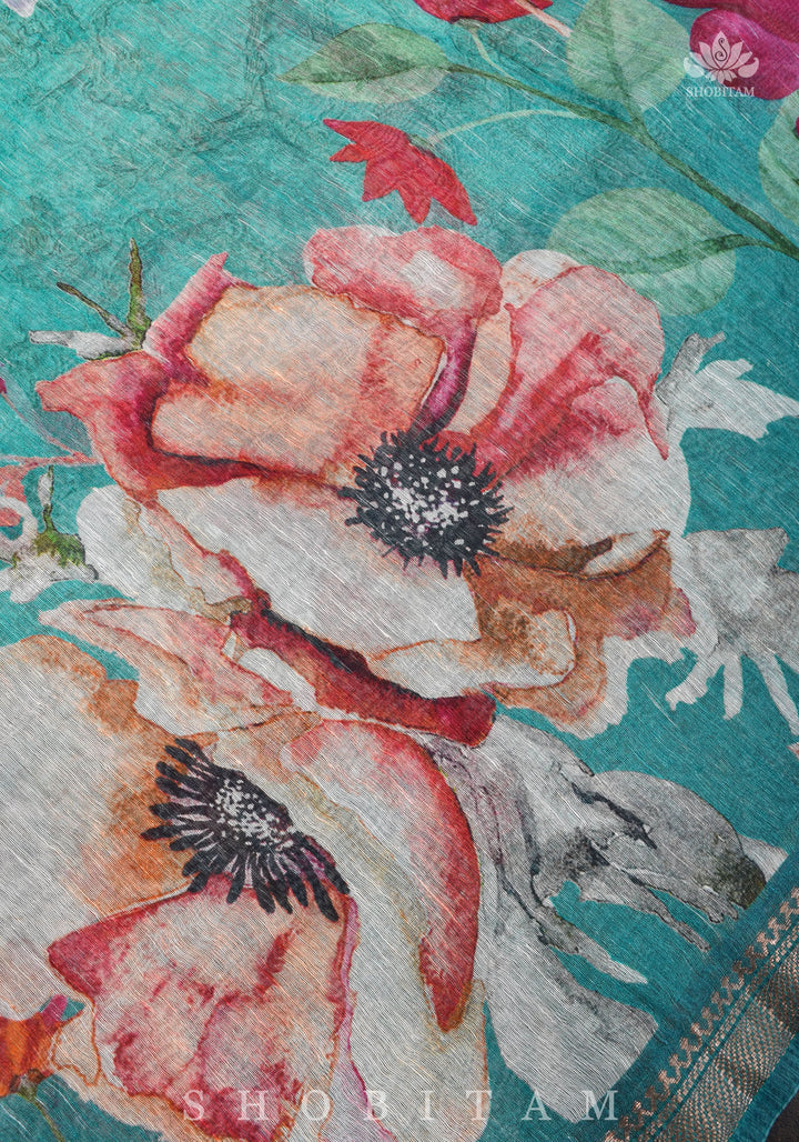 Green Floral Digital Print Silk Linen Saree