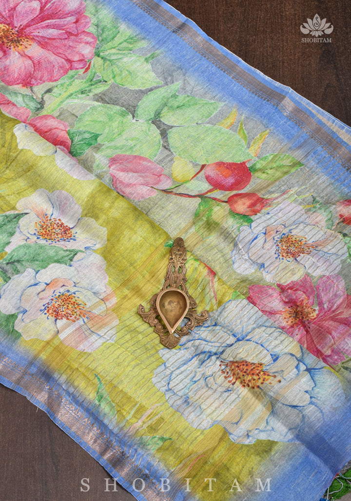 Moss Green Floral Digital Print Silk Linen Saree