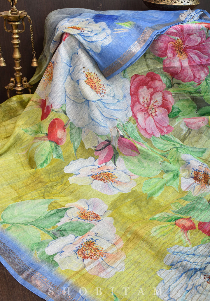 Moss Green Floral Digital Print Silk Linen Saree
