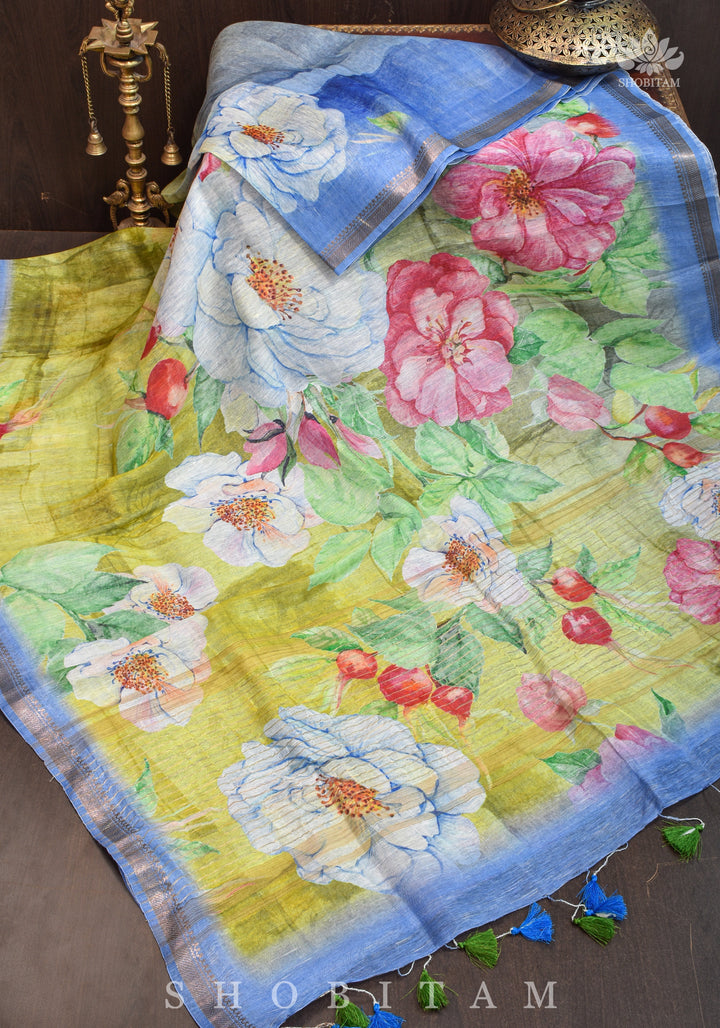 Moss Green Floral Digital Print Silk Linen Saree
