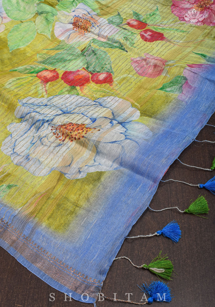 Moss Green Floral Digital Print Silk Linen Saree