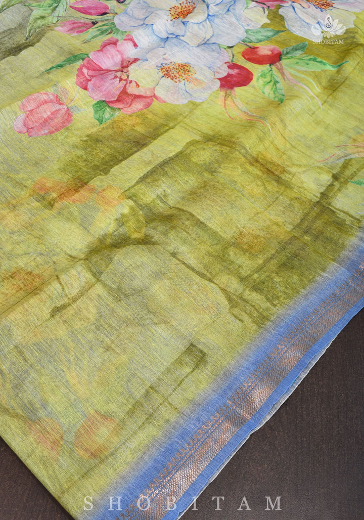 Moss Green Floral Digital Print Silk Linen Saree