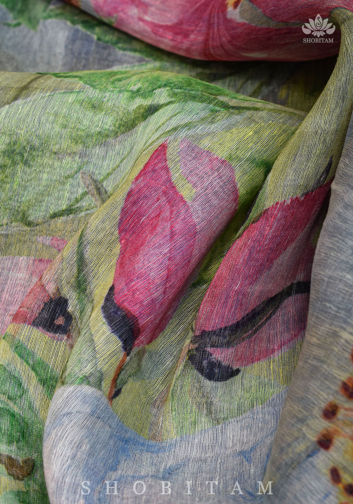 Moss Green Floral Digital Print Silk Linen Saree