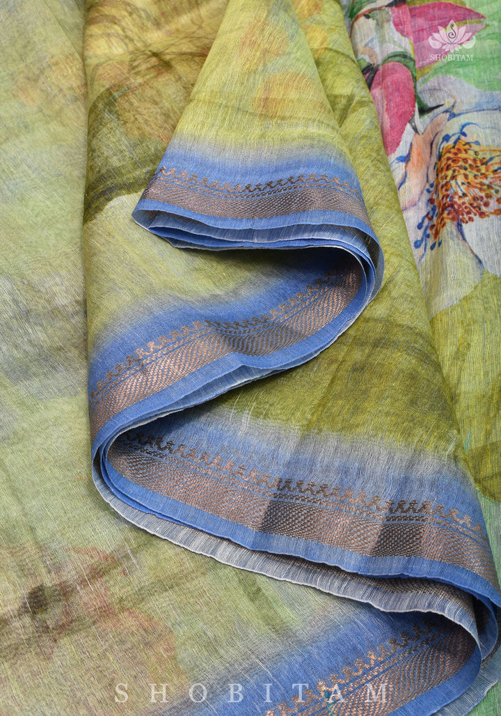 Moss Green Floral Digital Print Silk Linen Saree
