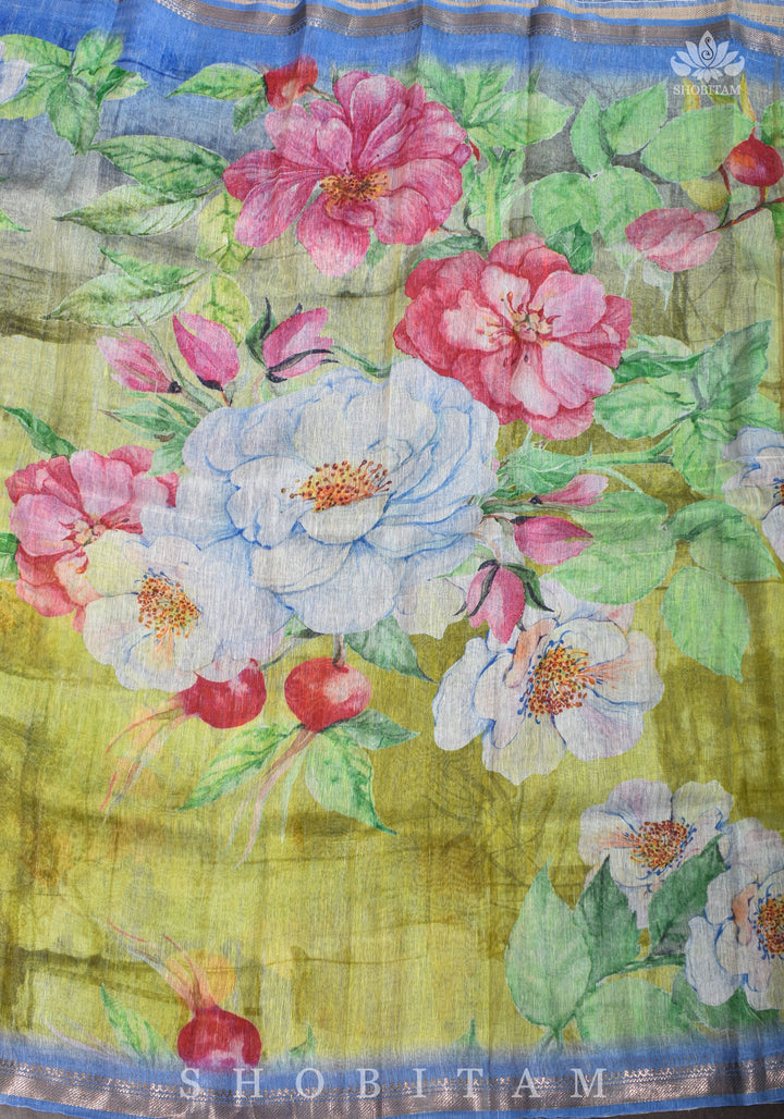 Moss Green Floral Digital Print Silk Linen Saree