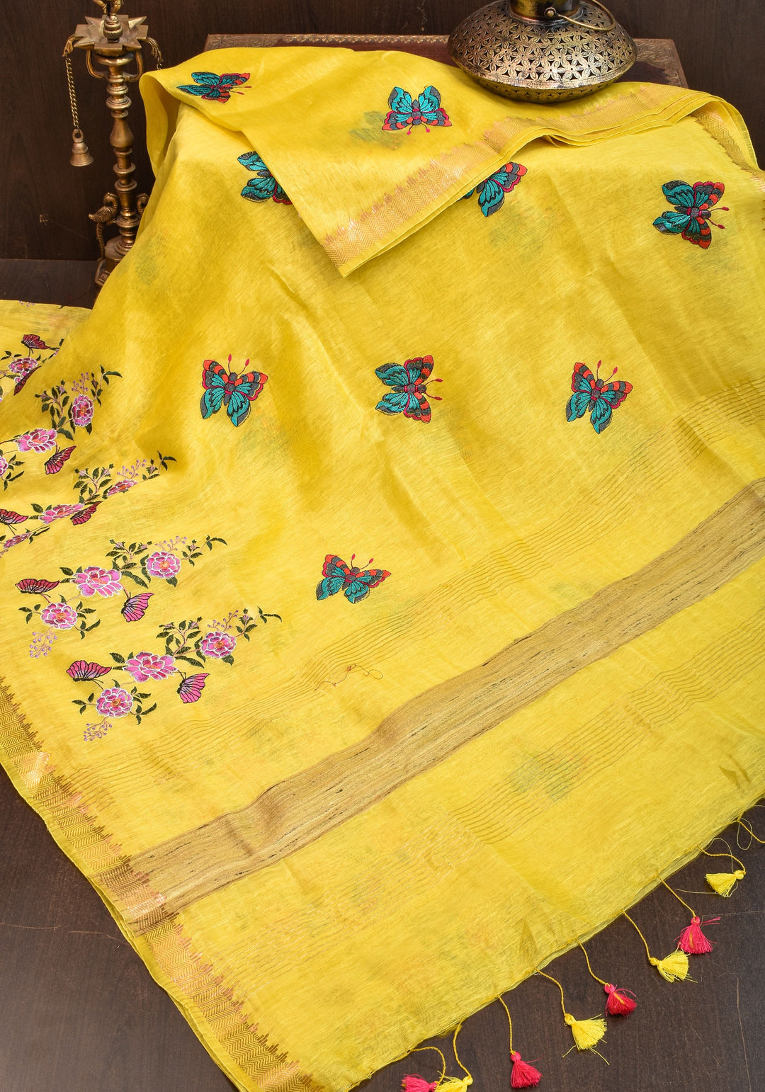 Blooms of Joy - Floral Embroidered Silk Linen Saree in Sunshine Yellow