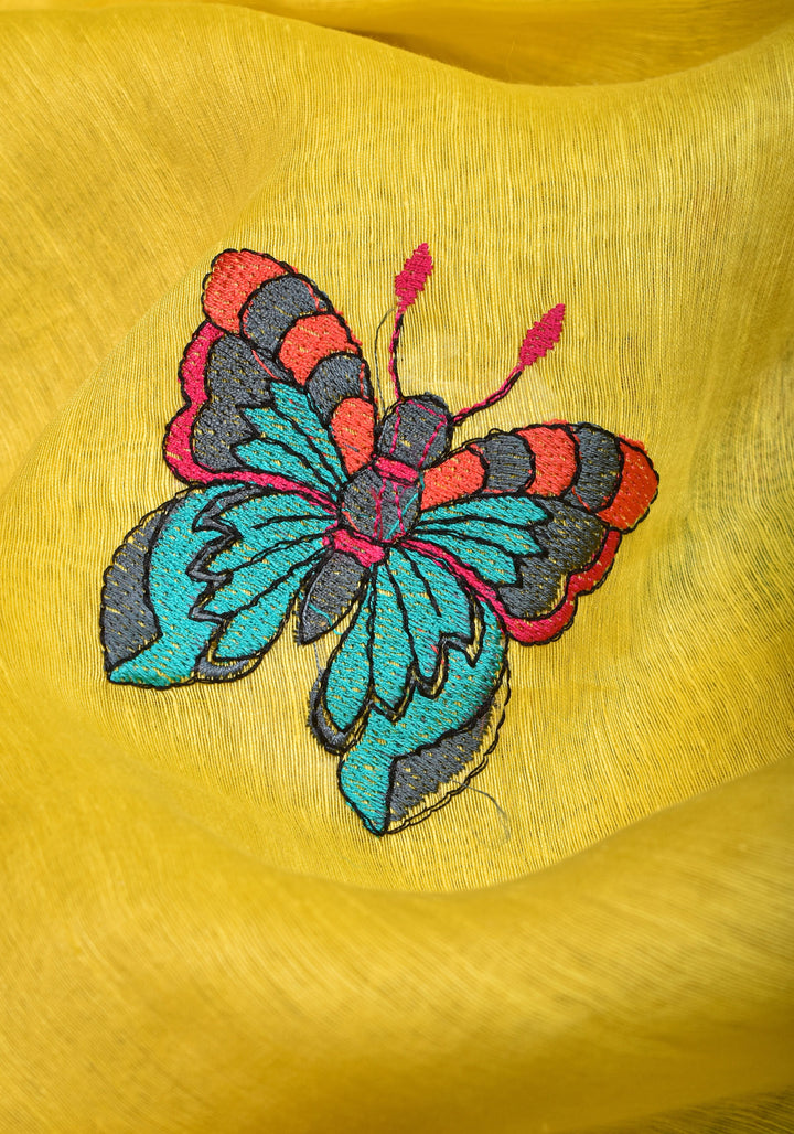 Blooms of Joy - Floral Embroidered Silk Linen Saree in Sunshine Yellow