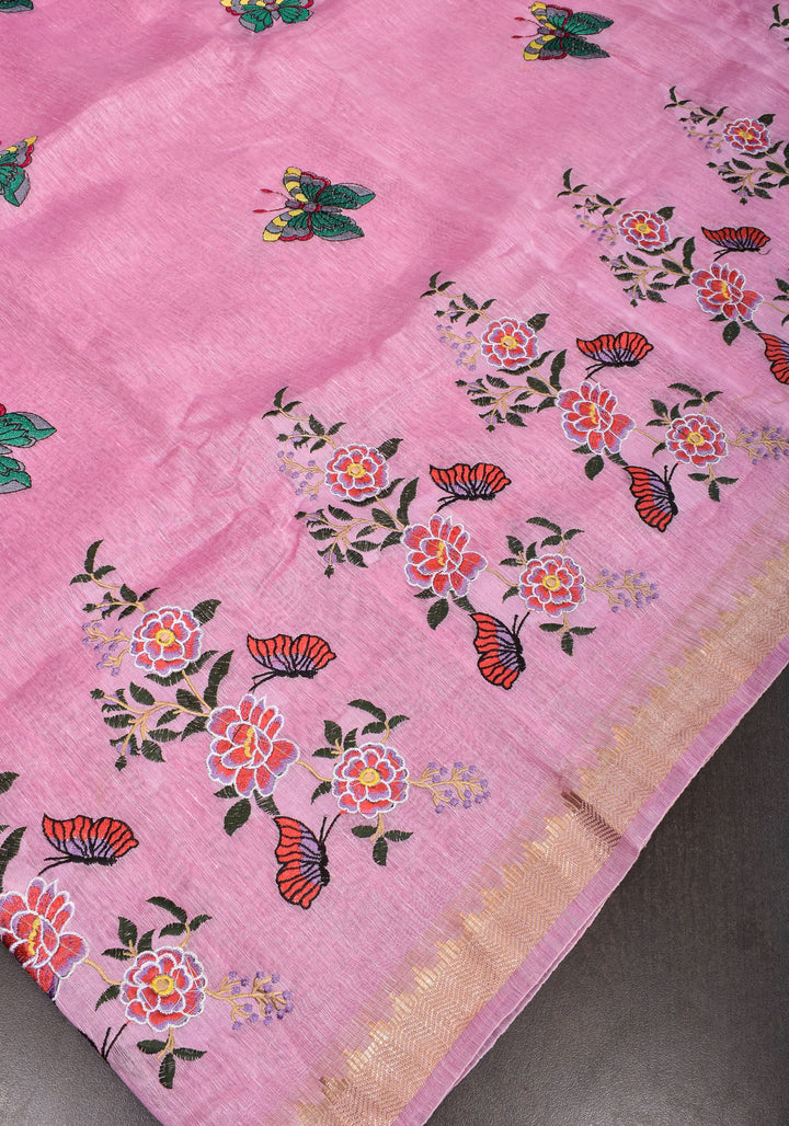 Blooms of Joy - Floral Embroidered Saree in Lotus Pink | SHOBITAM