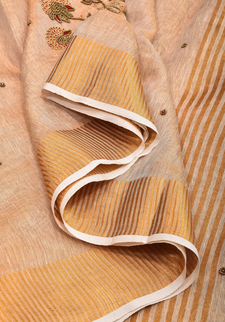 Tissue Linen Saree in Tan Tissue with  Bead and embroidery handwork