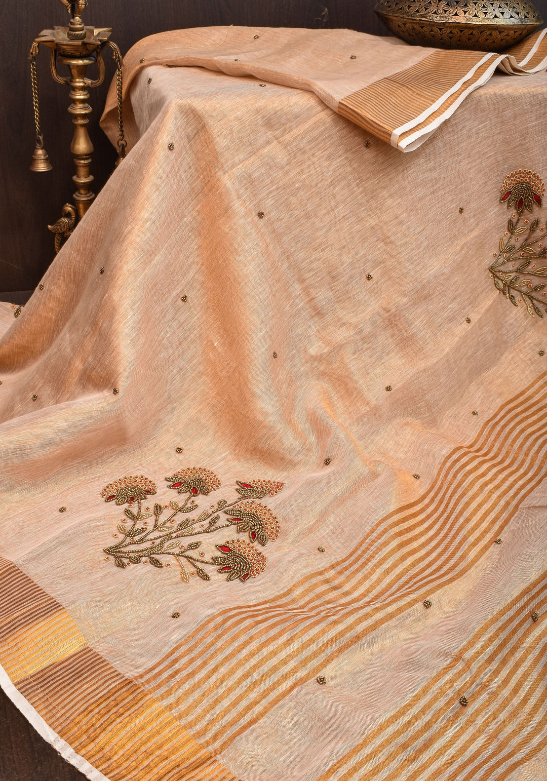 Tissue Linen Saree in Tan Tissue with  Bead and embroidery handwork