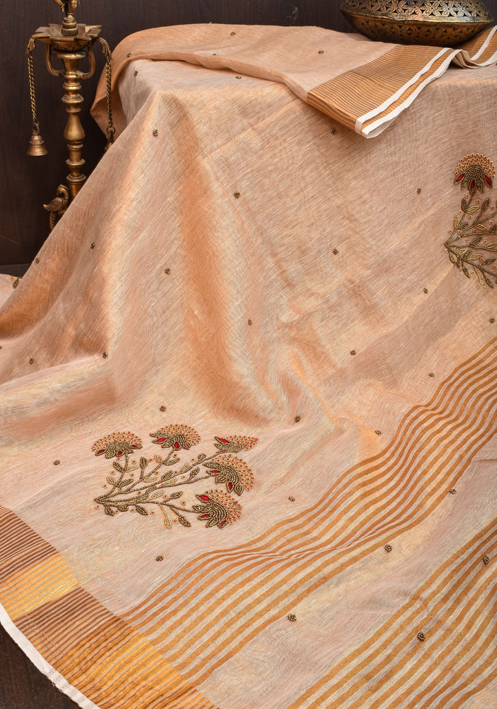 Tissue Linen Saree in Tan Tissue with  Bead and embroidery handwork