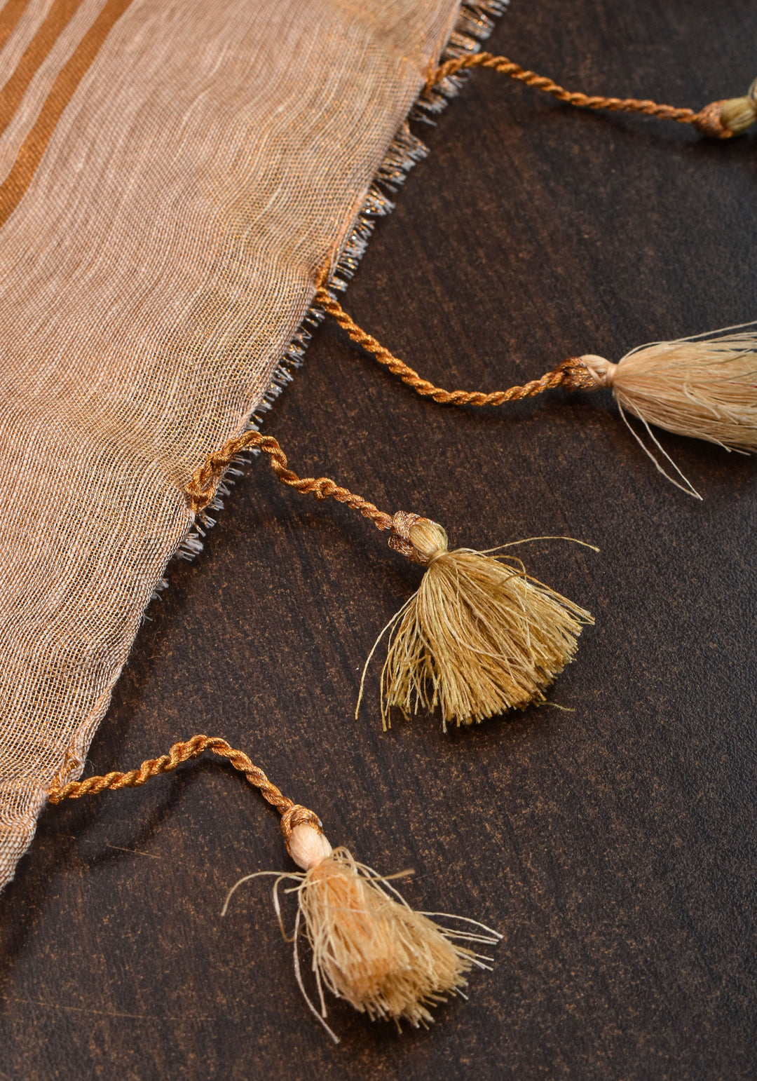 Tissue Linen Saree in Tan Tissue with  Bead and embroidery handwork