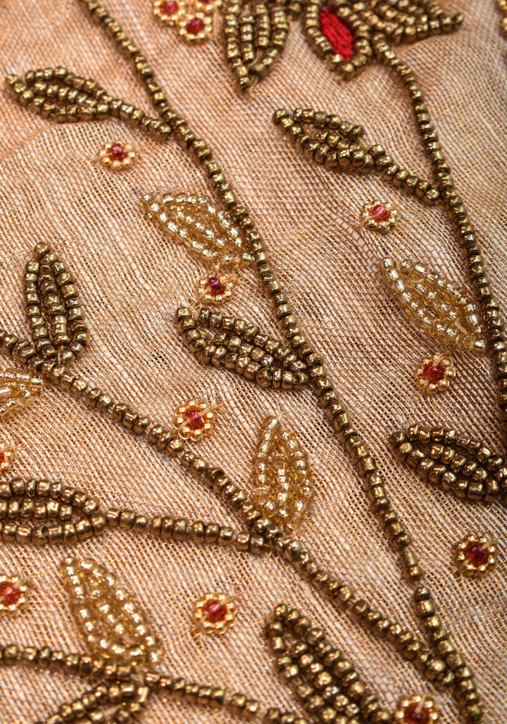Tissue Linen Saree in Tan Tissue with  Bead and embroidery handwork
