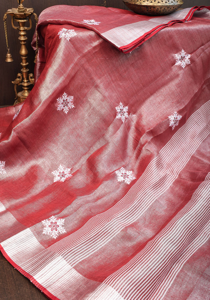 Tissue Linen Saree in Terracotta with Snowflake Embroidery | SHOBITAM