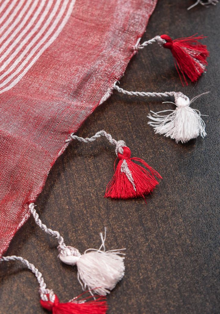 Tissue Linen Saree in Terracotta with Snowflake Embroidery | SHOBITAM