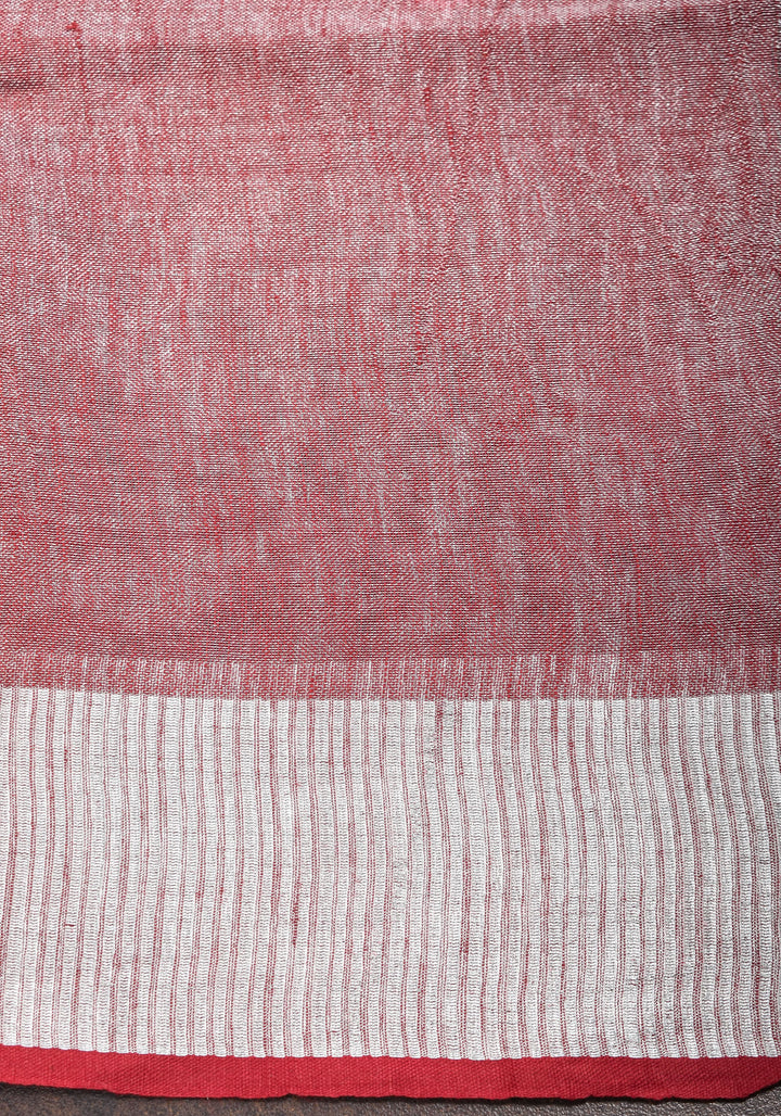 Tissue Linen Saree in Terracotta with Snowflake Embroidery | SHOBITAM