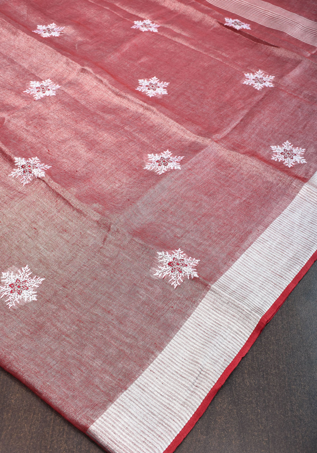 Tissue Linen Saree in Terracotta with Snowflake Embroidery | SHOBITAM