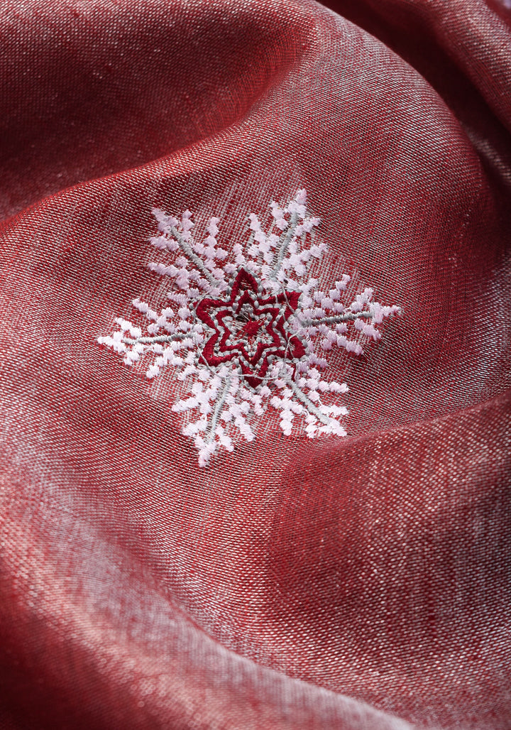 Tissue Linen Saree in Terracotta with Snowflake Embroidery | SHOBITAM