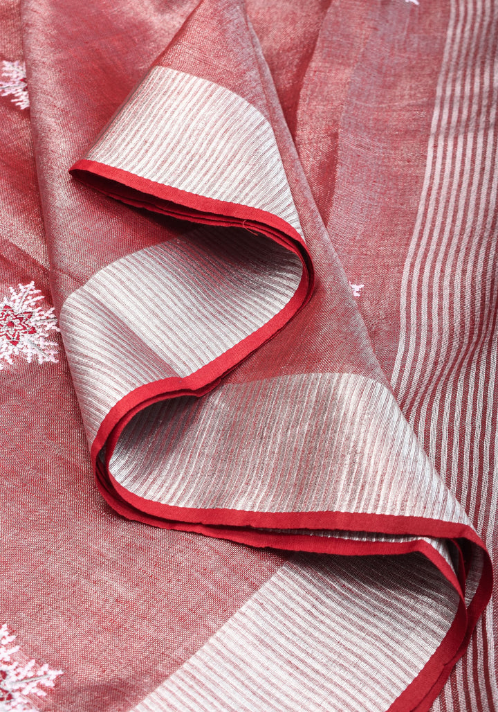 Tissue Linen Saree in Terracotta with Snowflake Embroidery | SHOBITAM