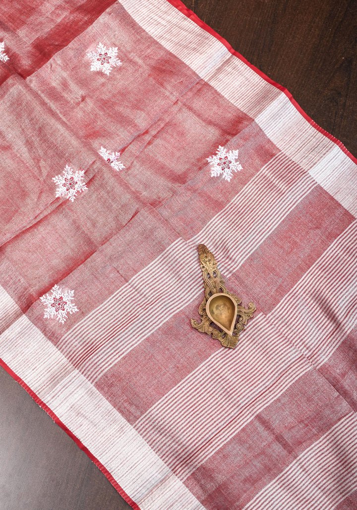 Tissue Linen Saree in Terracotta with Snowflake Embroidery | SHOBITAM