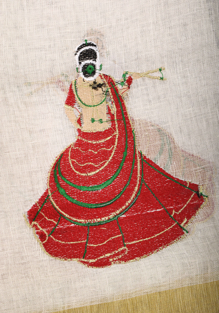 Vidya Balan Dandiya Embroidery on Off White Pure Linen by Linen Saree with Green Borders